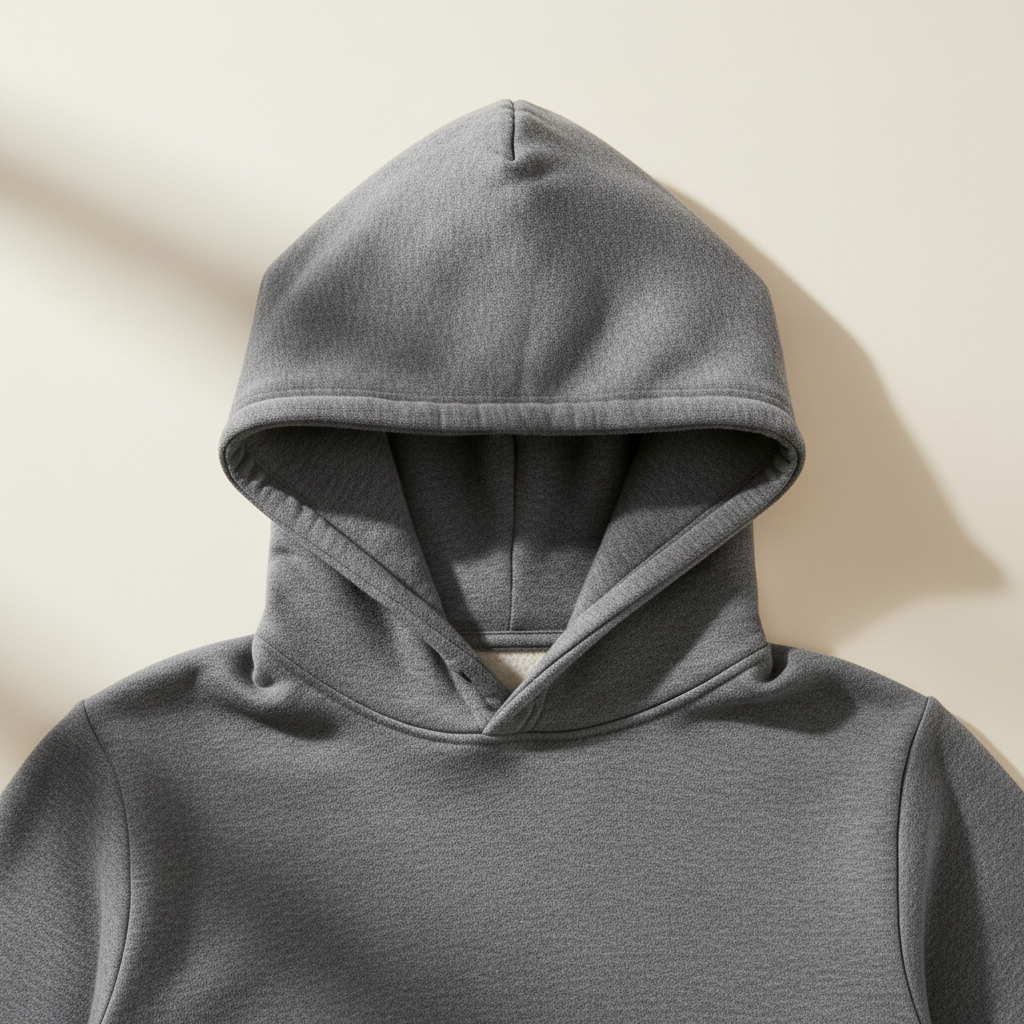 Heather charcoal classic everyday hoodie on an off-white studio background