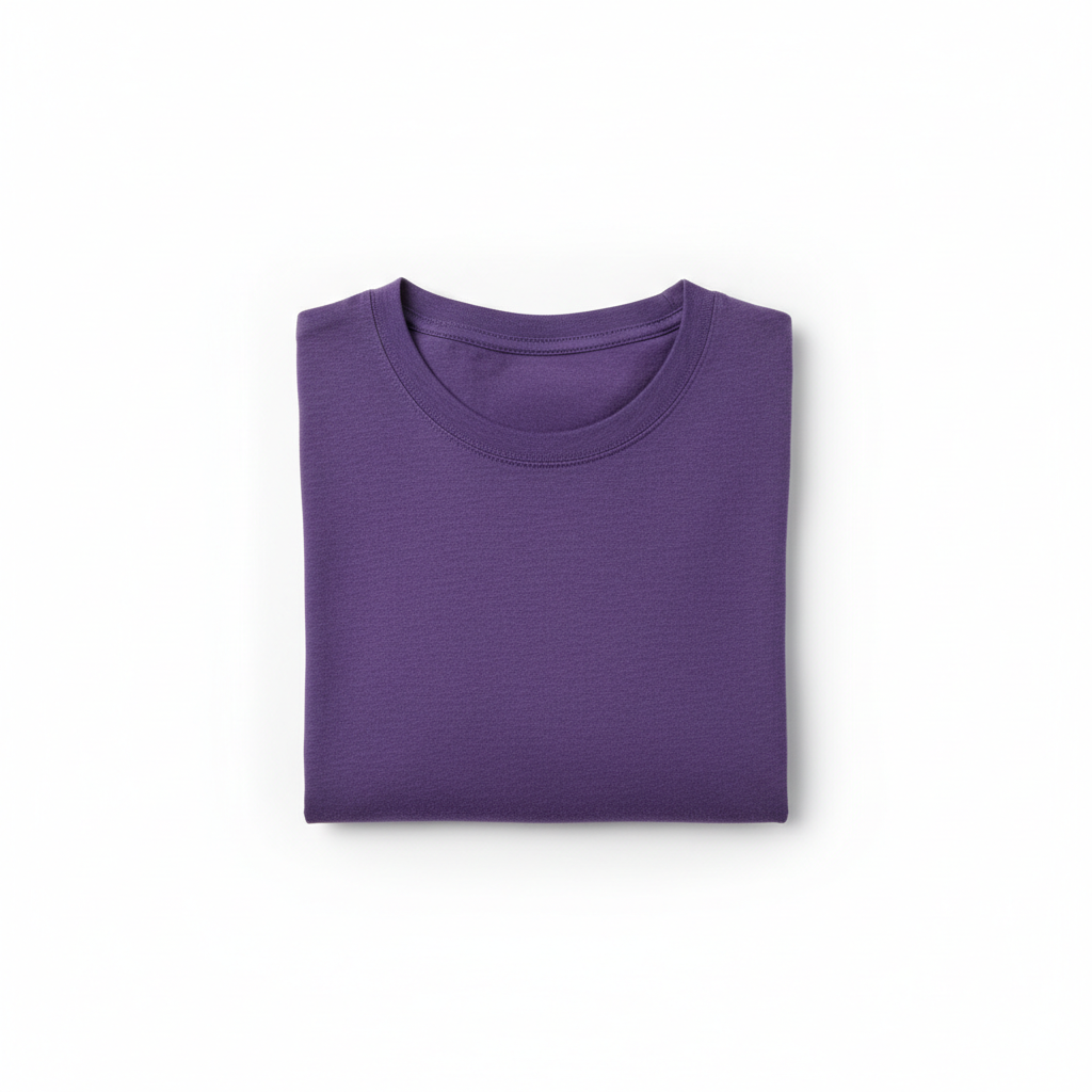 Folded purple shirt with a crew neck, smooth fabric texture, neatly placed against a white background.
