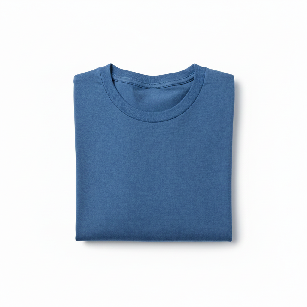 Folded blue shirt, crew neck, soft fabric, simple design, on white background.