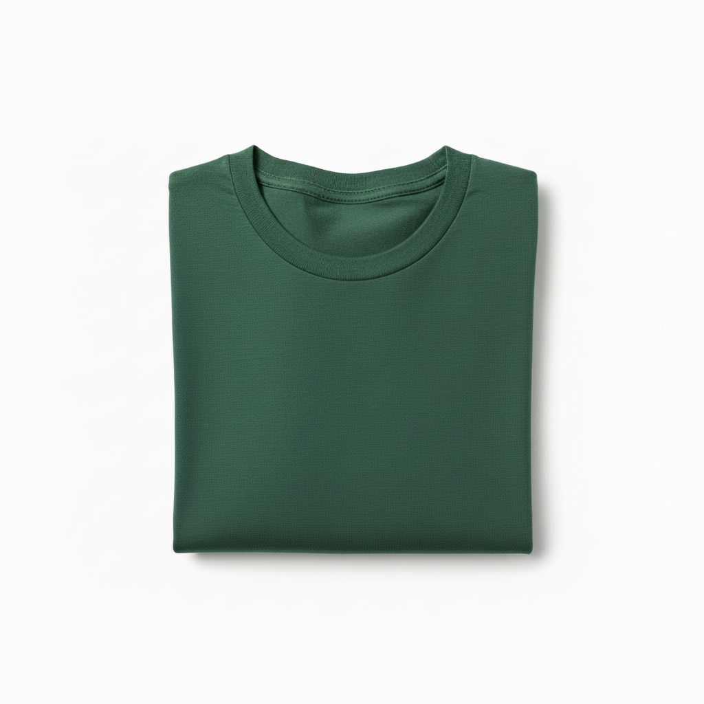 Folded green shirt, round neck, plain texture, viewed from above on a white background.