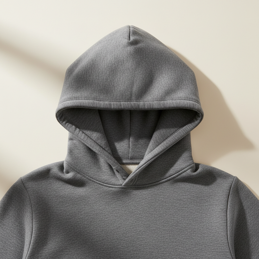 Heather charcoal classic everyday hoodie on an off-white studio background