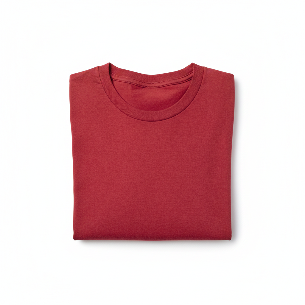 Folded red shirt with a round neckline and smooth texture on a white background.