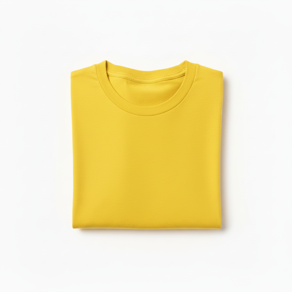 Folded yellow shirt, short-sleeved, crew neck, plain fabric, displayed on a white background.